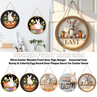 30cm Easter Wooden Front Door Sign Hanger,Assorted Cute Bunny & Colorful Egg Round Door Plaque Decor For Easter Home Porch Wall Decoration