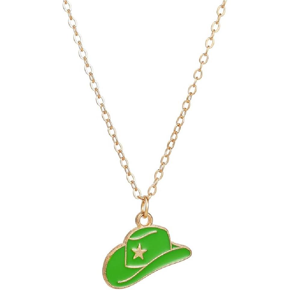 Pingyongchang Cowboy Boot Necklace Gold Cowgirl Western Necklace for Women, Disco Cowgirl Style, Gold Plated Cowboy Hat Pendant, Western Jewelry Gift Hat Green