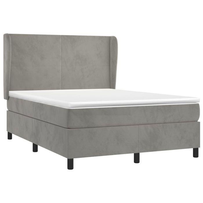 Lit avec matelas - Maison Exclusive - 140x190cm - Velours gris clair - Tête de lit réglable
