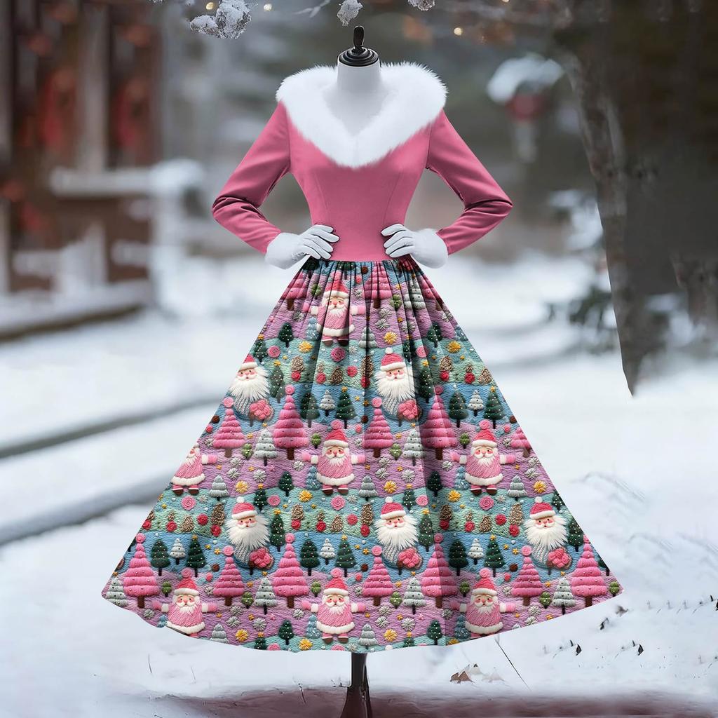 Women's Casual Dress Long-Sleeve V-Neck Patchwork Fleece Christmas Print Dress