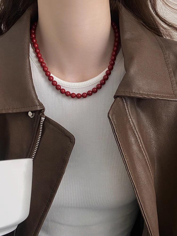 S925 Sterling Silver Encore Red Simulated Pearl Necklace for Women - Festive Autumn/Winter Sweater Chain