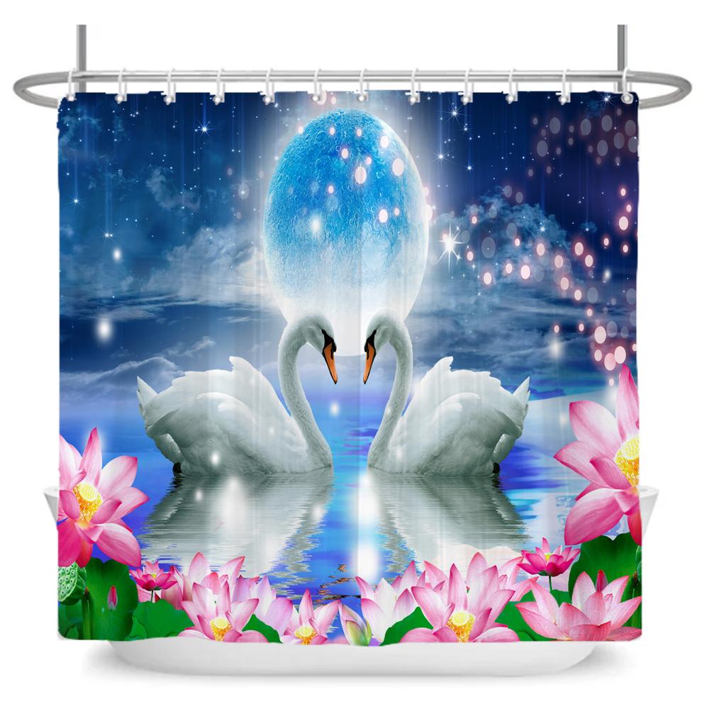 Beautiful Lovers Swan Print Shower Curtain Waterproof Fabric Bathroom Curtains Romantic Girl Home Decoration Curtain Wall Cloth