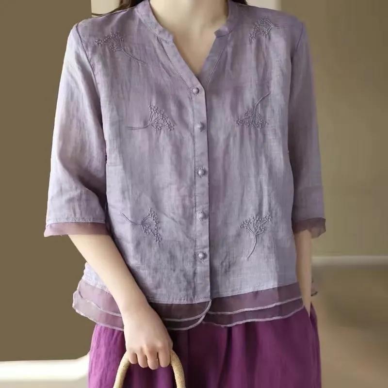 Retro bawełniana lniana koszula damska literackie hafty koszule Patchwork Hem Organza wąska bluzka Top