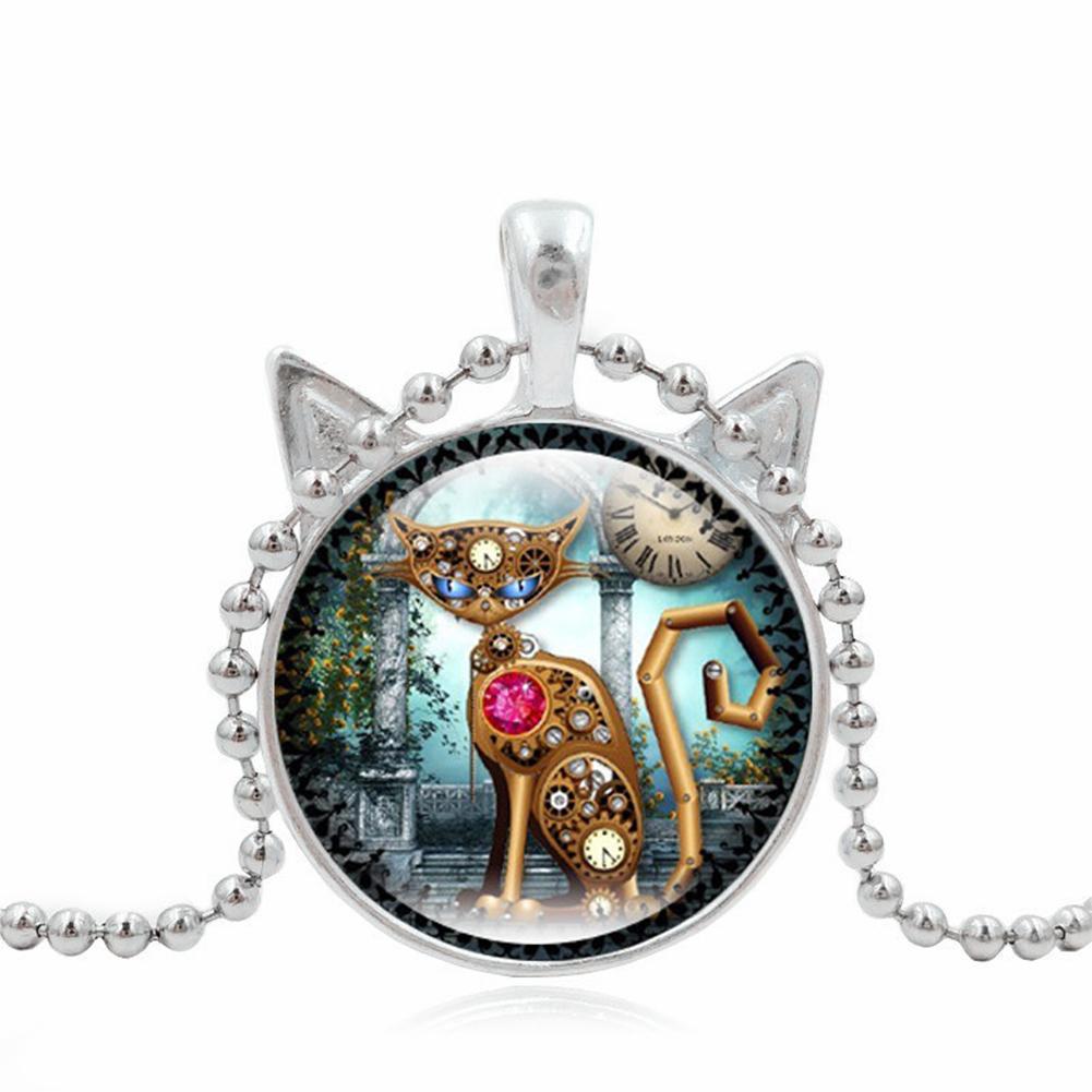 Fashion Retro Creative Round Necklace Cartoon Cat Clock Pendant Necklace