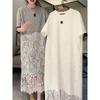 Summer New Mid-length Loose Versatile Patchwork Lace Short-sleeved Dress for Women