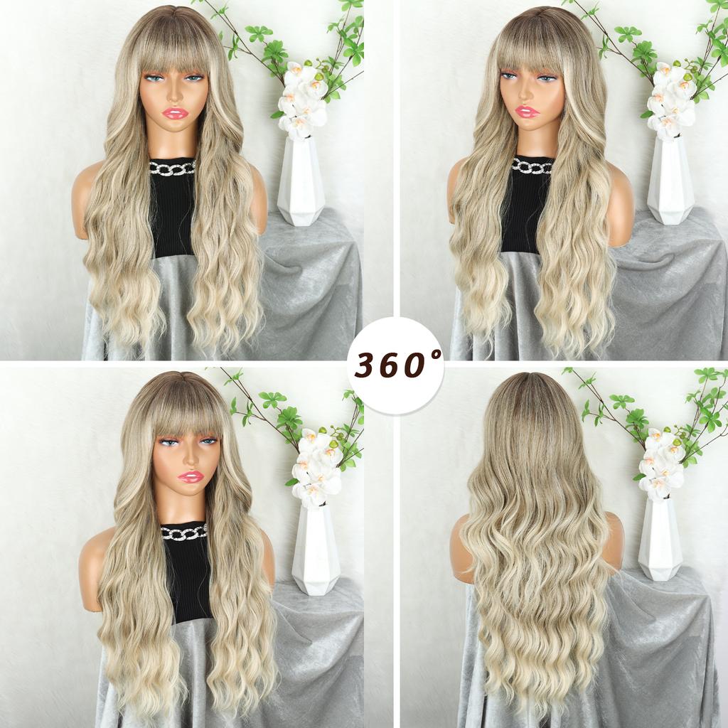 XINRAN Synthetic Long Natural Wave Wigs With Bangs Wigs Hair Heat Resistant Fiber For Women Daily Cosplay