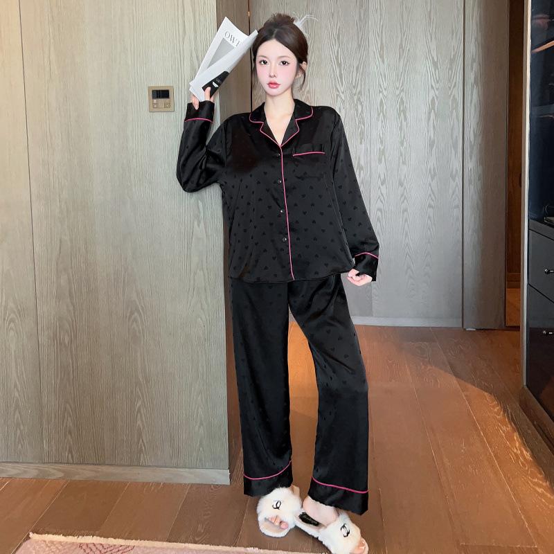 Spring  Autumn Love Jacquard Pajamas Women Long Sleeve Simple Casual  Home Wear Sexy Nightwear Silk Sleepwear