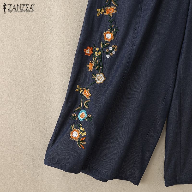 ZANZEA Damen Lässige Elastische Taille Lockere Geblümte Cropped-Hose