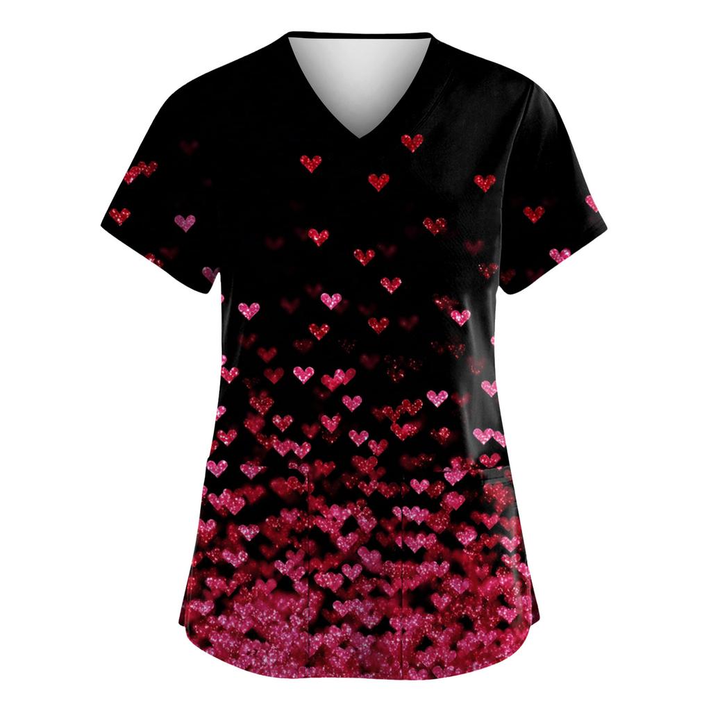 Women V Neck Printed Scrub Top Short Sleeve Uniform with Heart Pattern Two Front Pockets Comfortable Fit