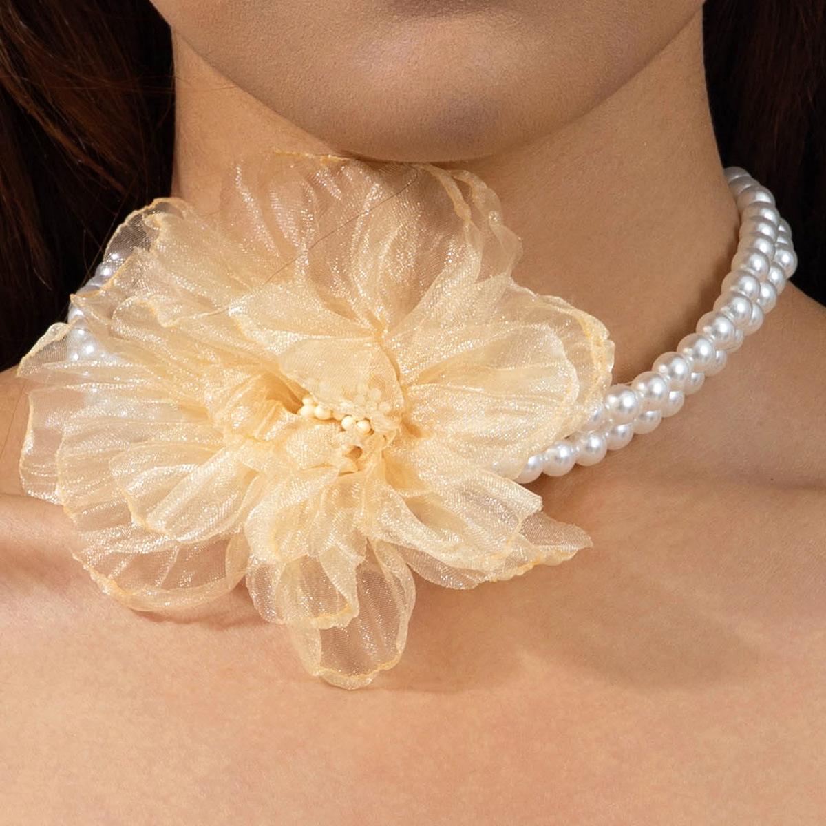 Accessories, French Elegant Pearl Necklace, Sweet Fabric Mesh Flower Collarbone Chain Necklace