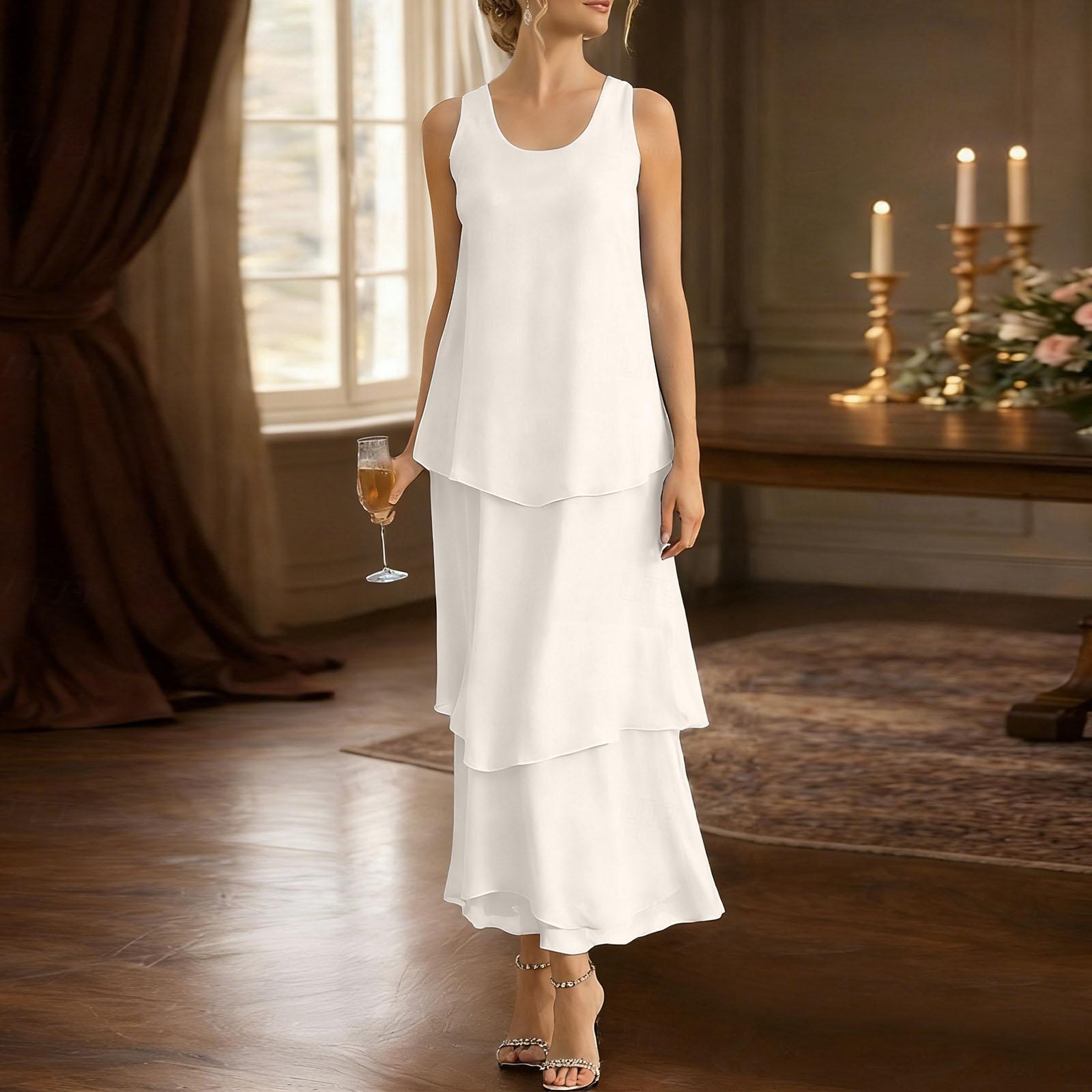 

Sleeveless Layered Maxi Dress for Women Scoop Neck Loose Fit Tiered Chiffon Long Dress Elegant Flowy Summer Outfit XL білий