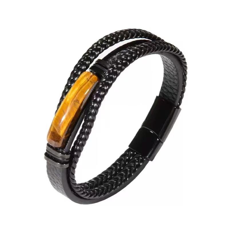 Handgefertigtes mehrlagiges Lederarmband für Herren, Retro-Edelstahlverschluss, Tigerauge-Steinarmband