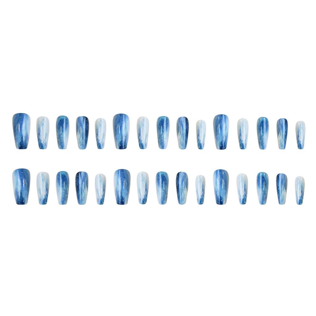 24 Stuks Blauwe Gradiënt Korte T-Vorm Nepnagels Elegante Press-On Nageltips Verfijnde Manicure