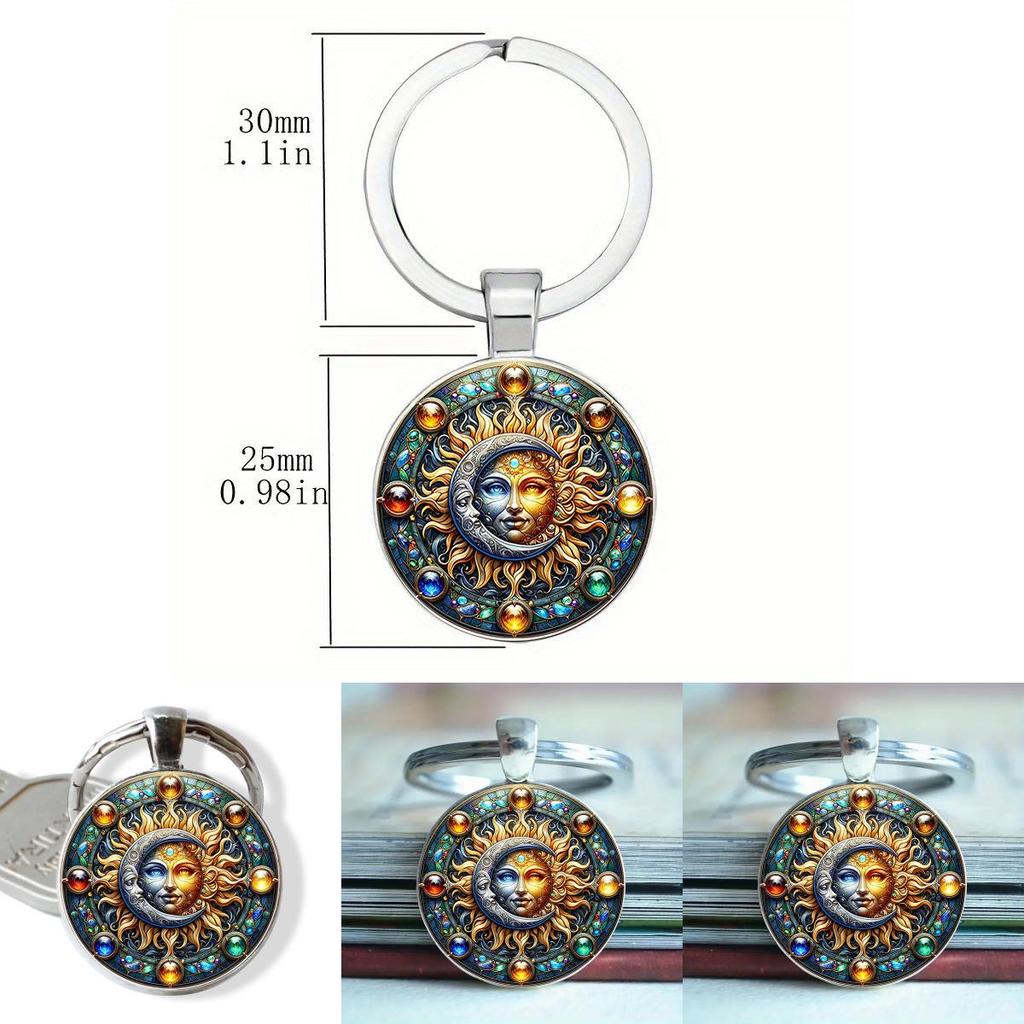 Glasanhänger Schlüsselanhänger mit Sonne-Mond-Muster Niedliches Schlüsselzubehör für Geschenke