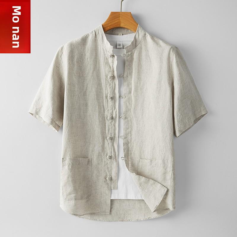 

Мужская льняная рубашка в китайском стиле с коротким рукавом и воротником-стойкой в стиле ретро XL