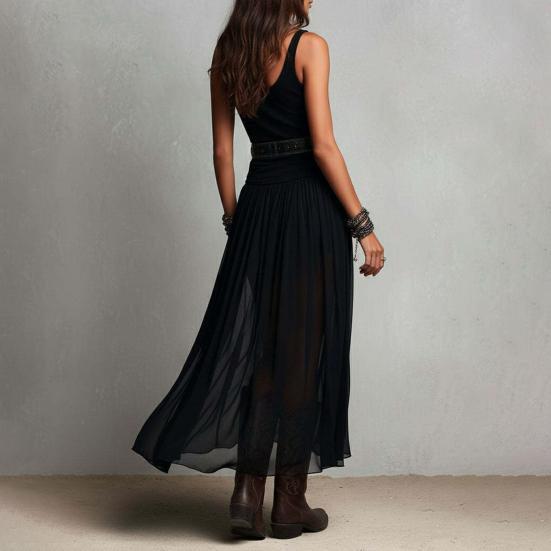 Women's Sleeveless Tank Dress Mesh Patchwork Ruched A-line Long Dress Summer Flowy Beach