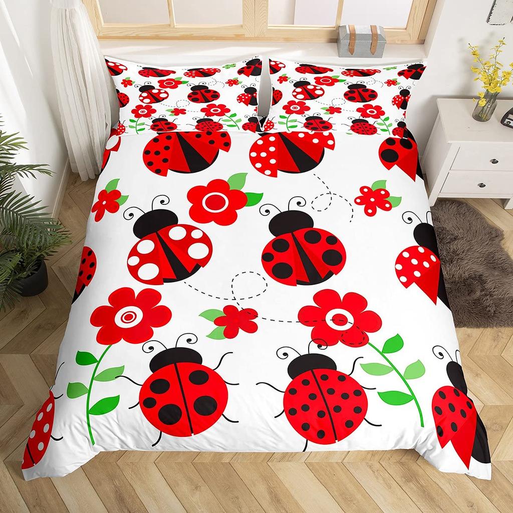 Comforter Ladybug Comforter Set Ladybug On Green Leaf Wild Wildlife Theme Microfiber Bedding Set 3Pcs For Kids Teens