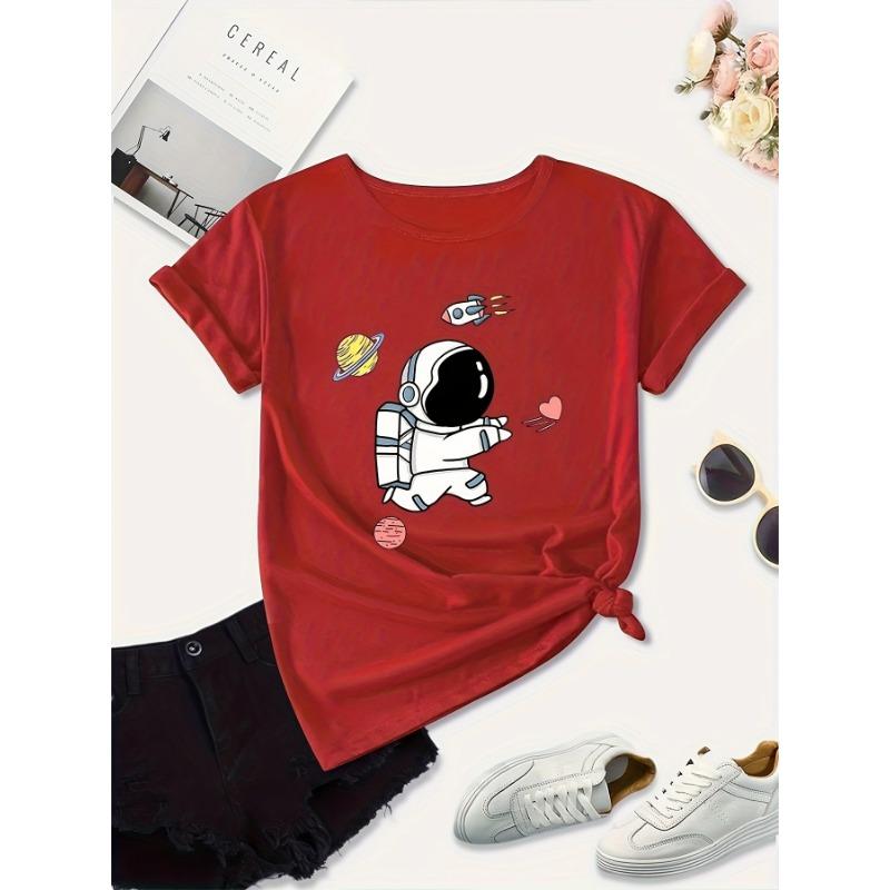 Women's Plus Size Casual Sporty T-Shirt Astronaut Print Comfort Fit Short Sleeve Fashion Breathable Casual Top Aesthetic Clothes