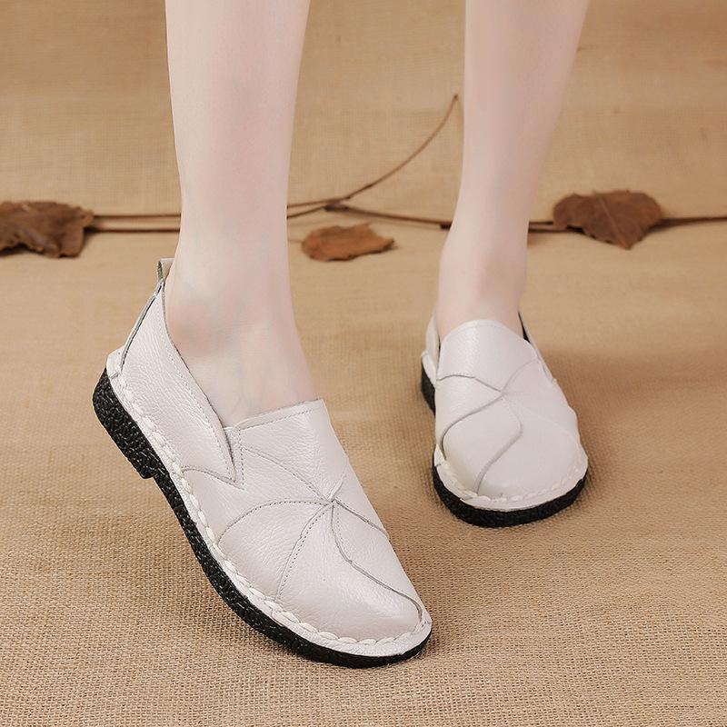 New Top Layer Cowhide Women's Shoes Genuine Leather Casual Color-blocking Women's Single Shoes Middle Mother's Shoes Large Size Shoes