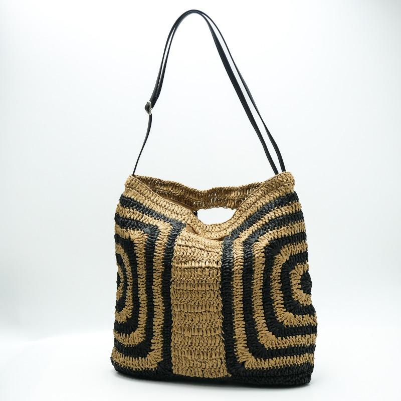 New striped large-capacity straw bag casual black edge shoulder hand-woven bag seaside vacation beach bag