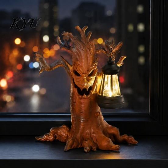 Halloween Tree Spirit Decorations Scary Statue with Solar Lantern, Resin Spooky Powered Garden Statues Figurine, Weatherproof Outdoor Yard Patio