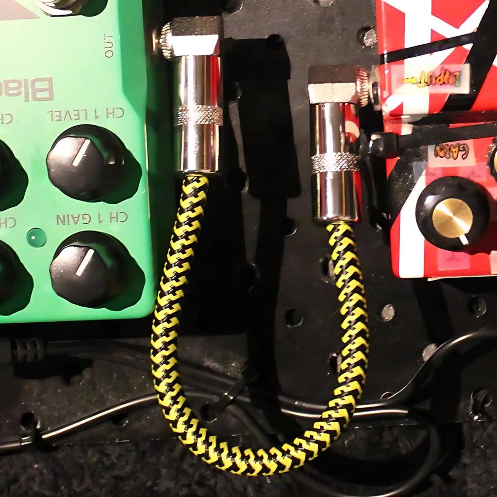 BONNOW Guitar Patch Set of 16cm OFC TRS Black Cables, 4, L-Shaped Plugs, Color-Coded, Conductors, 6.5mm Right-Angled, Red, Blue, Yellow,