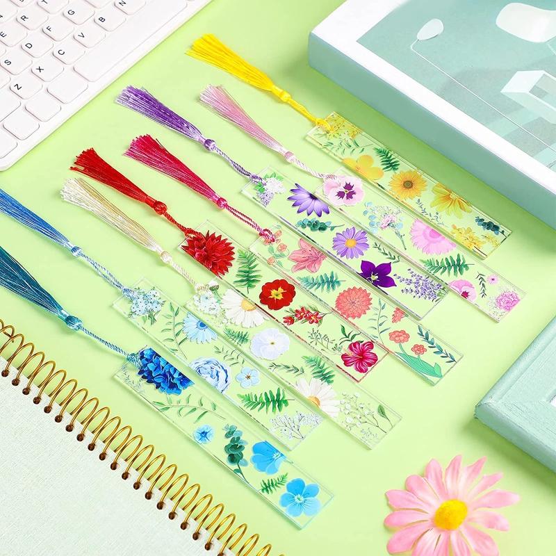 Cute Flower Acrylic Bookmarks Clear Floral Book Markers with Colorful Tassels for Women Kids Teacher Book Lovers 8 Style