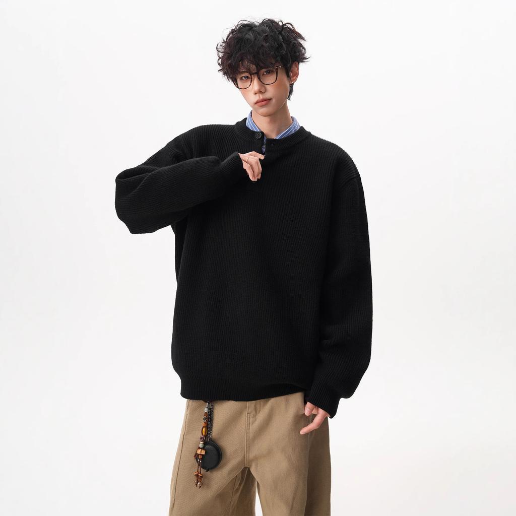 American Retro Henley Collar Button Sweater Men Women Winter Loose Slouchy Long Sleeve Base Pullover Knitwear