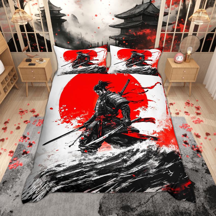 Homewish Japonský styl povlak na přikrývku Sada povlaků na polštář Tradiční Ukiyo-e sada povlečení Vintage sada povlaků na přikrývku s motivem mořské vlny