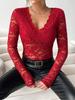 Elegant V-Neck Fan Collar Solid Color Long Sleeve Slim Fit Ruffle Lace Top