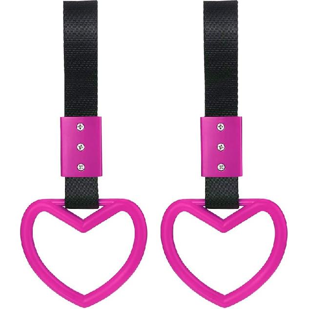 BBTO 2 Pieces Heart Shaped Car Handle Straps Drift Charm Rear Bumper Warning Ring Decor Subway Bus Broken Heart Handle For Car Interior(Light Pink)