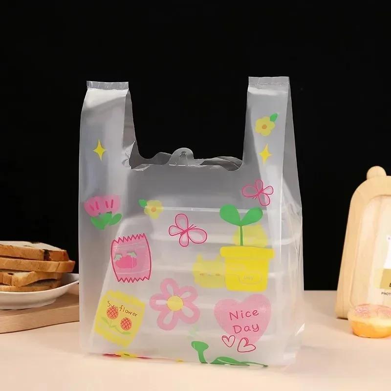 Colorful Printed Pattern Plastic Transparent Packaging Bag Baking Dessert Cake Portable Packing Bags Take Out Food Pack 20x35cm 50pcs