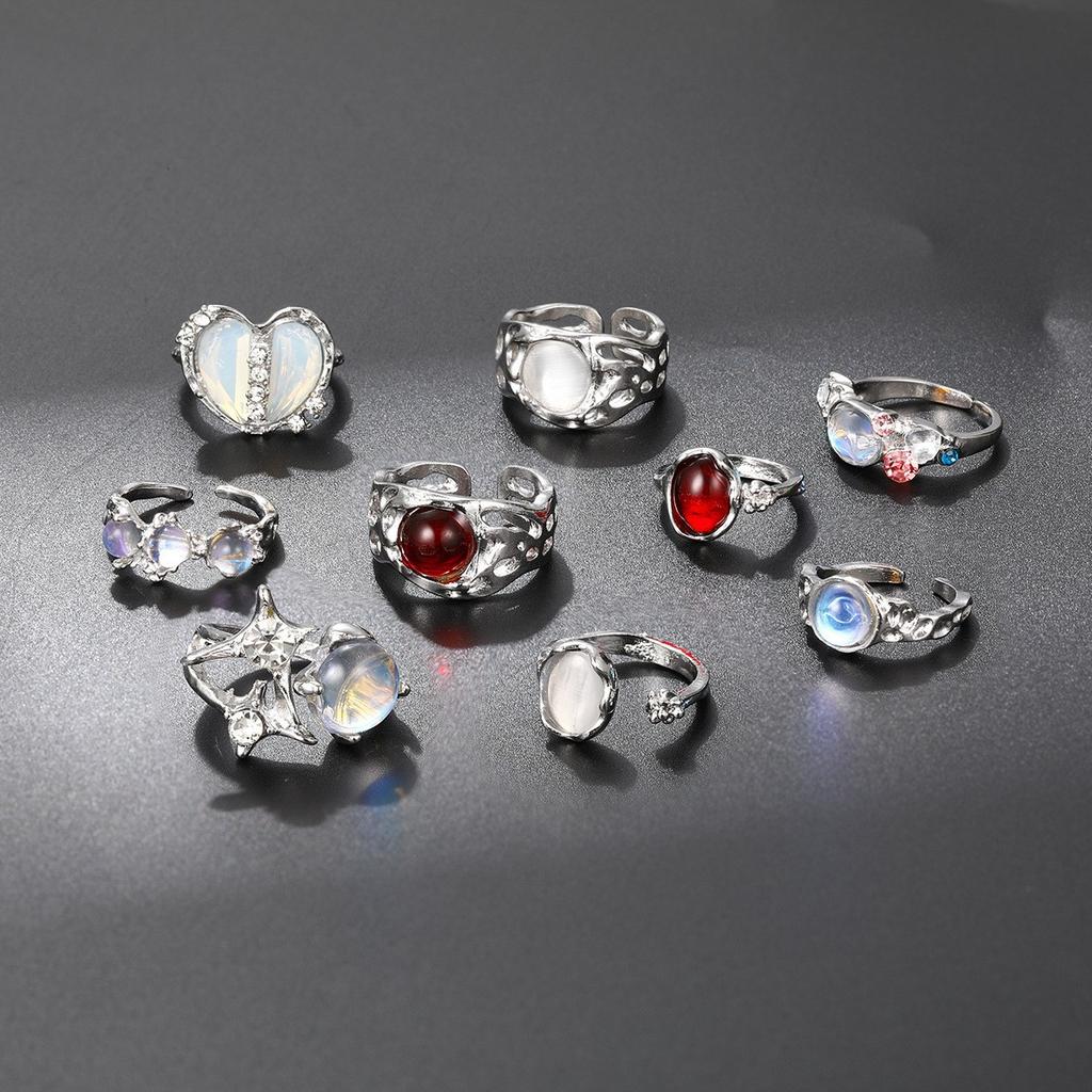 iF ME 9-piece Retro Design with A Cold, High-end Feel, Niche Personality, Cat's Eye Stone Flower Bud Split Women's Ring