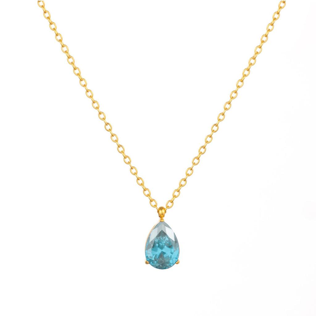 1pc Fashion Jewelry 18K Gold Plated Chain WaterDrop Diamond Pendant Necklace Stainless Steel 12 Months Birthstone Necklace