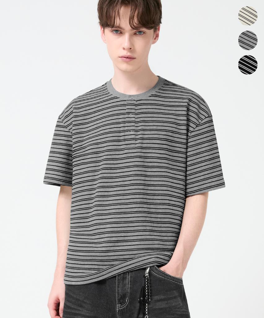 TRILLION Stripe Ring Snap Henley Neck Half Sleeve_3Color