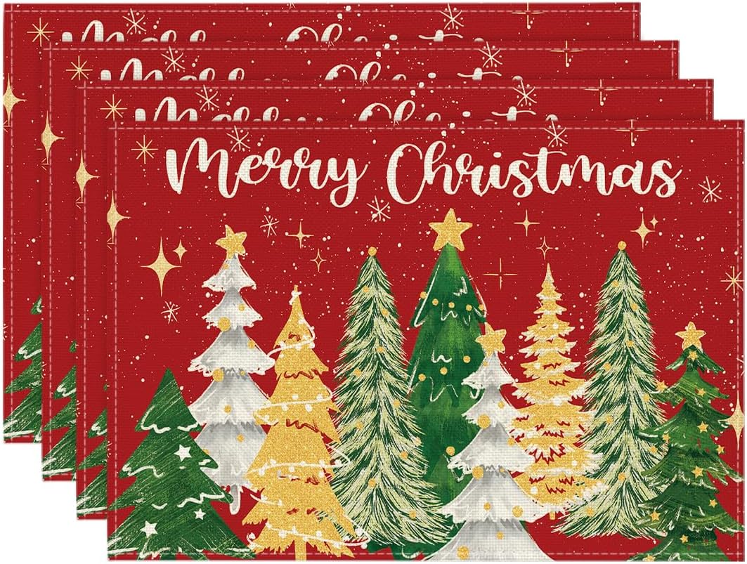 

Green Stars Xmas Tree Christmas Placemats 12x18 Inch – Winter Holiday Table Mats – for Party, Kitchen, Dining – Festive Decor 4pcs