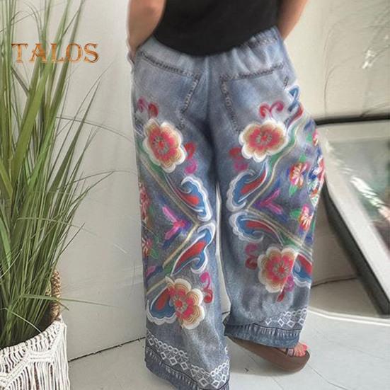 Dámské kalhoty Stahovací šňůrka Elastický pas Přehnaný tištěný design Široké kalhoty Imitace džínoviny Kalhoty s kapsami