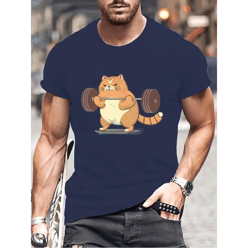 Summer Round Neck Funny Cat Weightlifting Graphic 3D Print Top Sports and Fitness T-shirts Fashionable Casual Short Sleeved Men's T-shirts