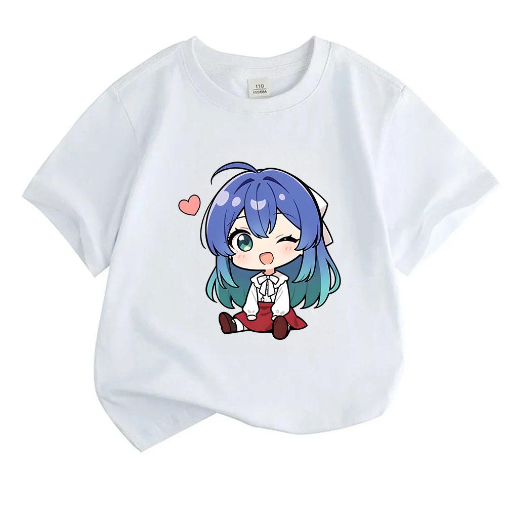 Kids Boys Girls 100% Cotton Crew Neck Short Sleeve T-Shirt, Cute Chibi Anime Blue Hair Girl Print Casual Soft Breathable Tee for Daily Wear Lovely Hea
