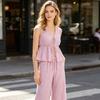 Women's Striped 2 Piece Outfits Tie Front Ruffle Tank Top And Wide Leg Pants Sets Summer Casual Sleeveless Lounge Sets