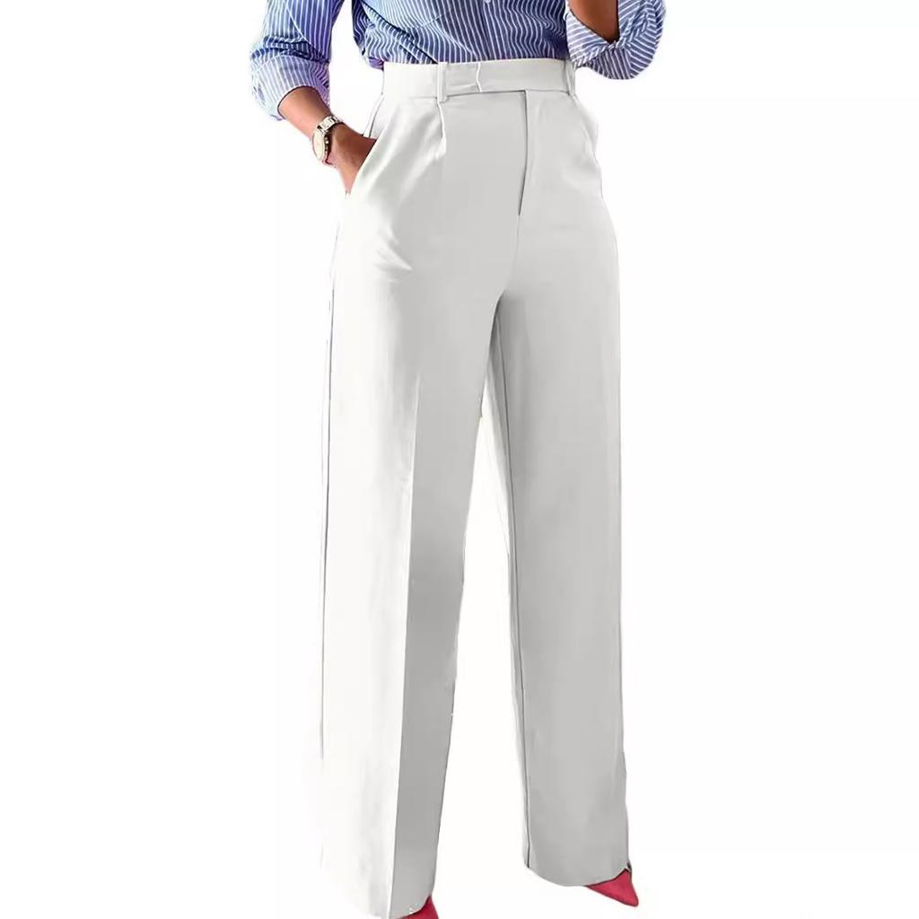 Women's High Waist Draped Wide Leg Dress Pants Solid Micro Stretch Office Straight Long Trousers With Pockets Spring Fall Business Casual Bottoms