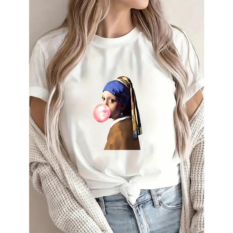 Γυναικείο Casual T-shirt Λευκό Κορίτσι Με Σκουλαρίκι Μαργαριταρι Φυσάει Τσίχλα Εκτύπωση Καλοκαιρινό Μόδας Κορυφή Για Καθημερινή Χρήση Και Εξόδους