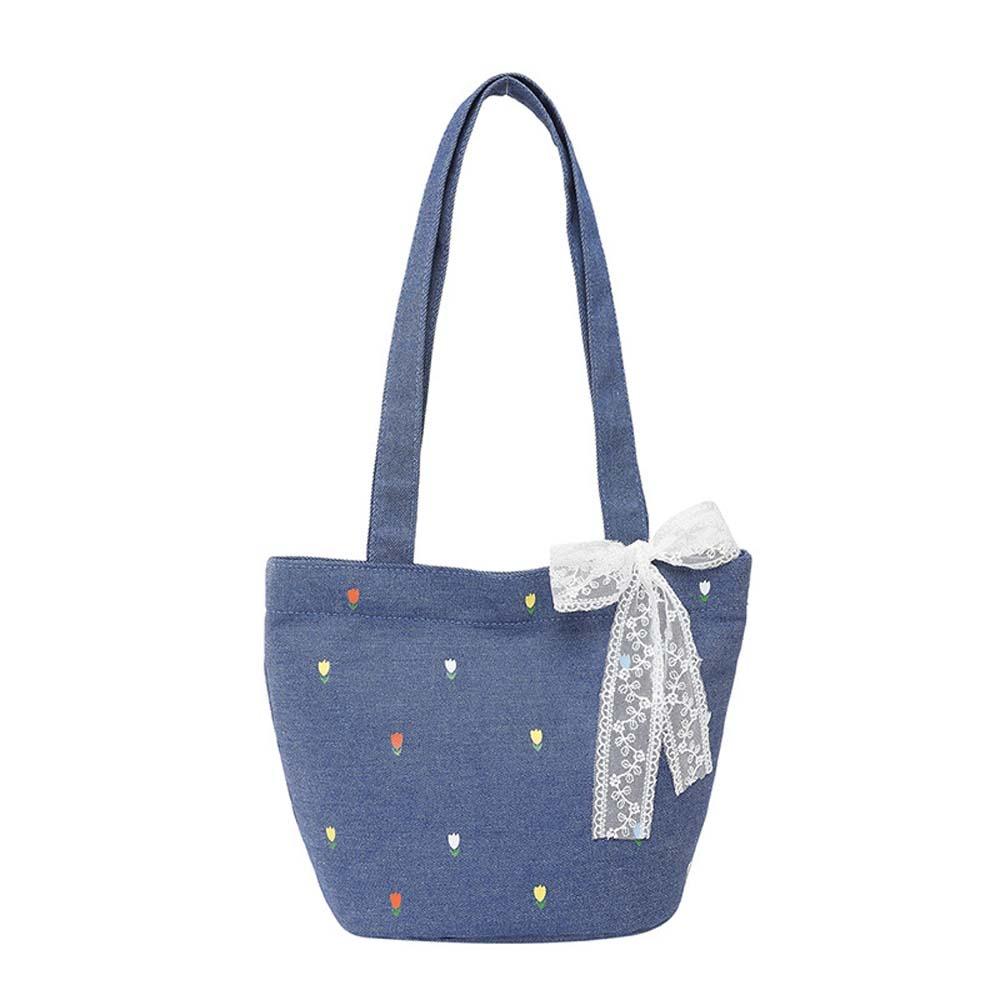 

Lace Ribbon Women Bucket Handbag Retro Embroidery Shoulder Bag Storage Bag Denim Bucket Bag Daily светло-синий