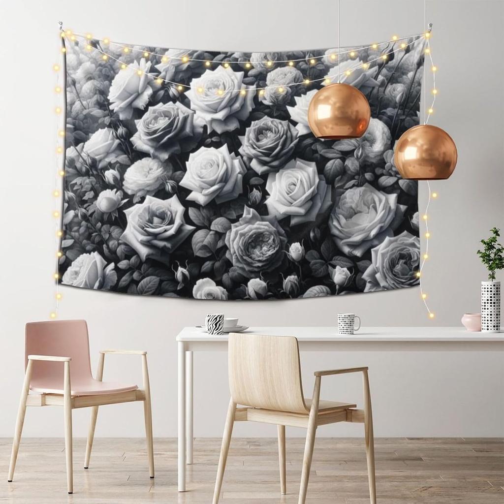 Florale Blume Wandteppich Aschgrauer Hintergrund Wandkunst Rosen Wandteppiche Pflanze Botanisch Natur Wandbehang Schwarz-Weiß Stil