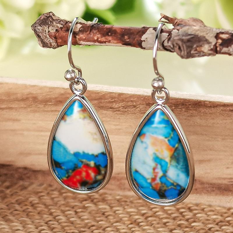Silver Plated Oyster Turquoise Teardrop Drop Earrings, Natural Stone Boho Earrings for Women