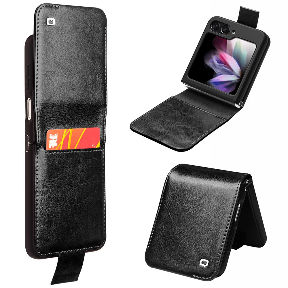 QIALINO For Samsung Galaxy Z Flip5 5G Genuine Cow Leather+PC Phone Case Card Holder Slim Fit Cover