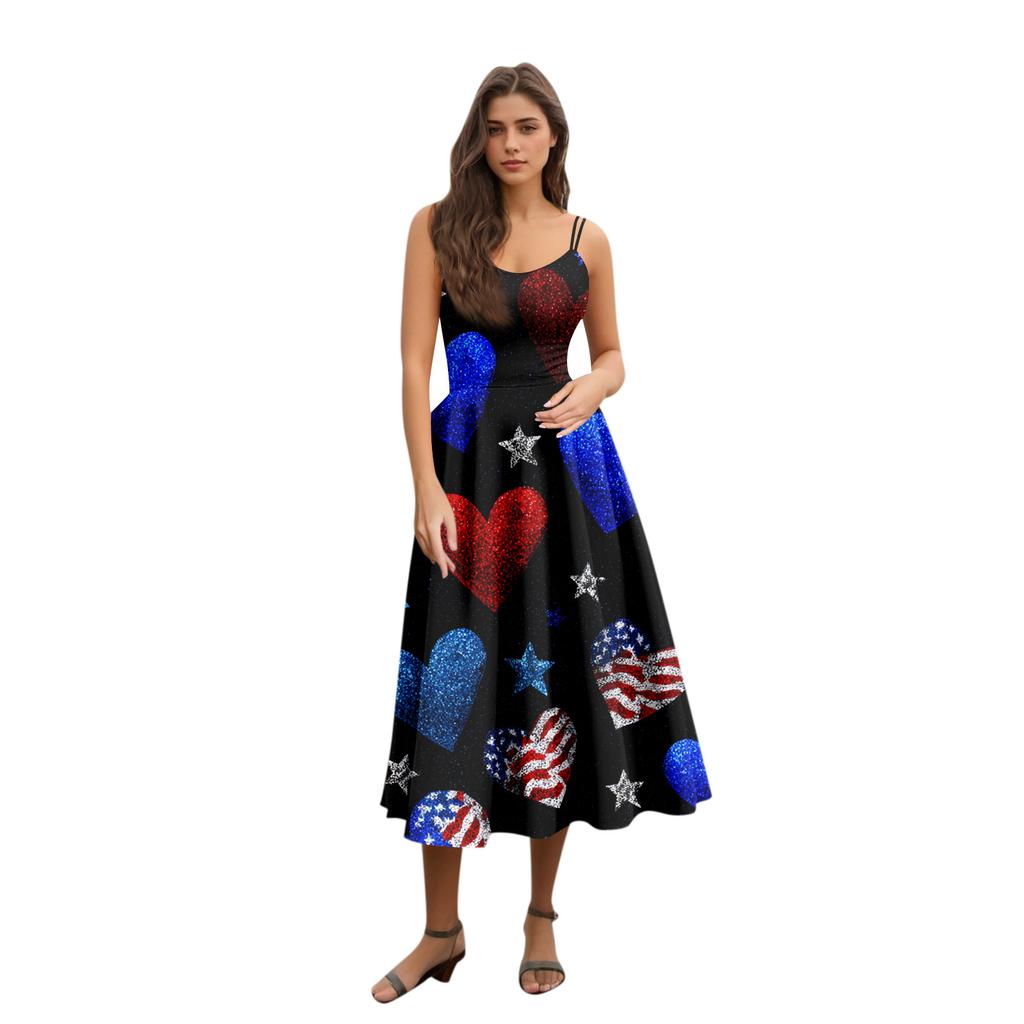 Sleeveless Spaghetti Strap Dress with Butterfly and Star Print Vintage A Line Swing Midi Dress for Women Casual Summer Outfit