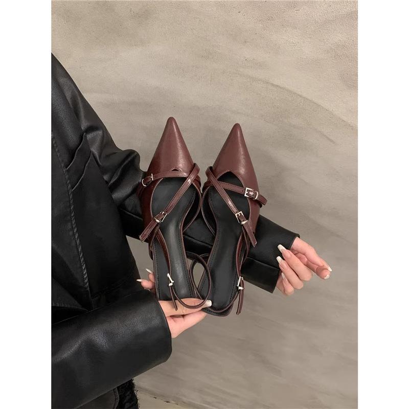 

Женские туфли на высоком каблуке весна и лето 2025 новая ретро модель с острым носком, ремешком с пряжкой, сумкой на носке, туфли-лодочки с юбкой, сандалии 42 бордовый