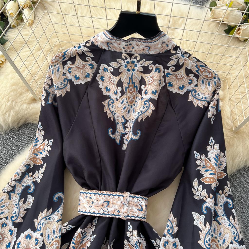 Frühling Herbst Frauen Große Größe Vintage Print Einreiher Lange Maxi Urlaub Party Kleider mit Gürtel