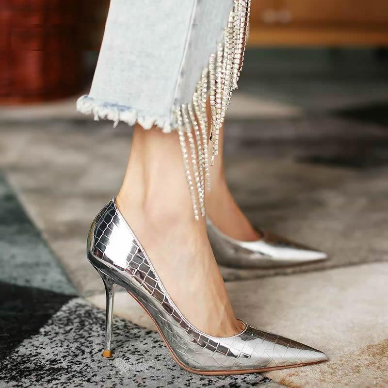 European and American Style Sexy and Thin, Shallow Mouth Pointed Head, Super High Heel, Metal Stone Pattern Retro Single Shoes, High Heels